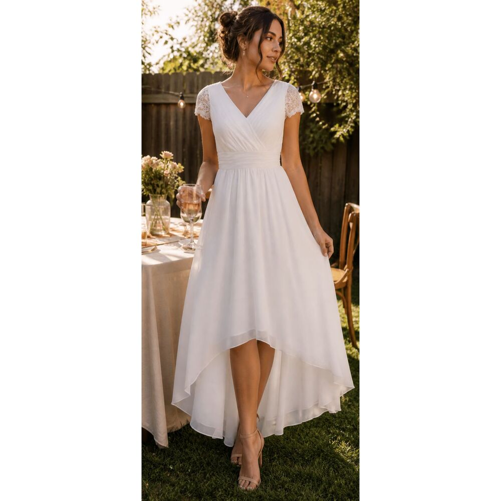 White Lace summer Dress High Low Hem Size C Small Romantic Wedding Guest Formal